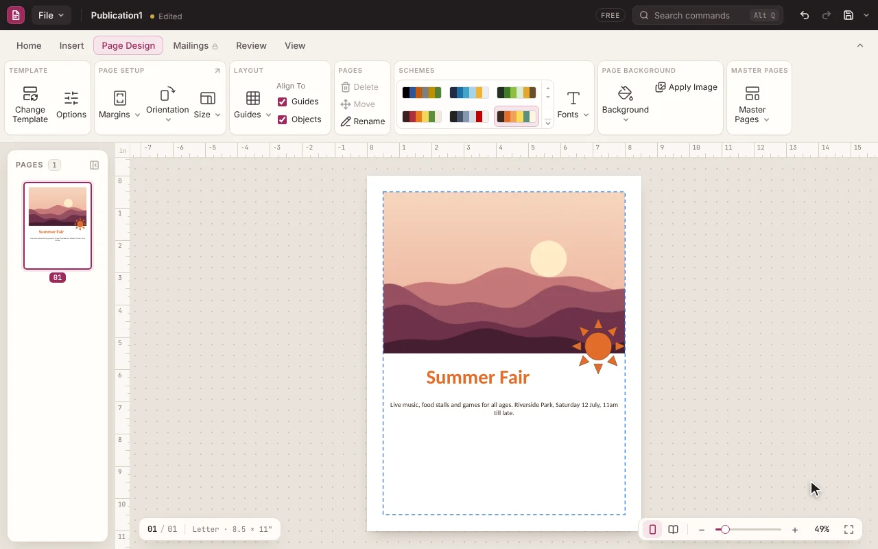 The PubStudio editor with a summer fair flyer on the page