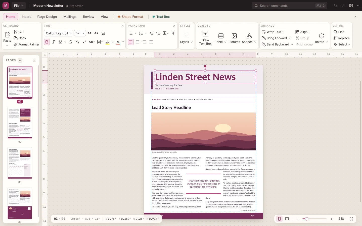 The Home tab with a newsletter title selected and its position shown